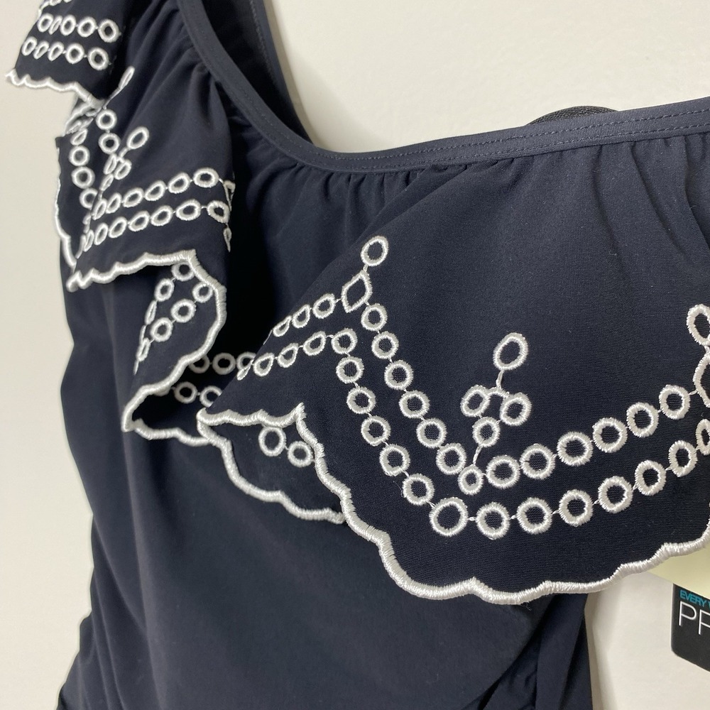 Profile By Gottex Sz 6 Ruffle Embroidered One Shoulder One Piece Black Swimsuit - Picture 5 of 16